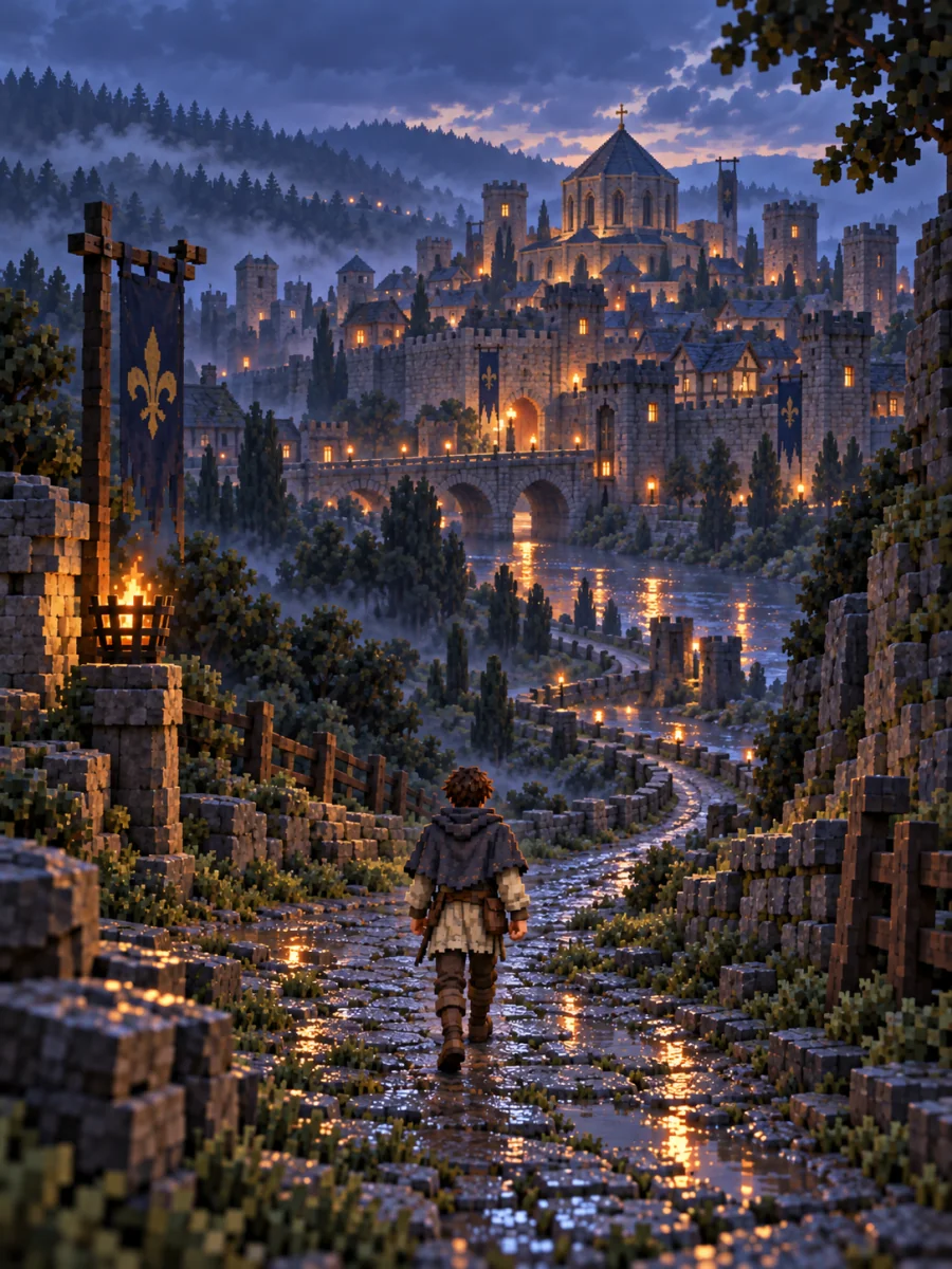 Luc follows a winding stone road toward a distant royal city at dusk; a concept illustration of his journey to Aachen.