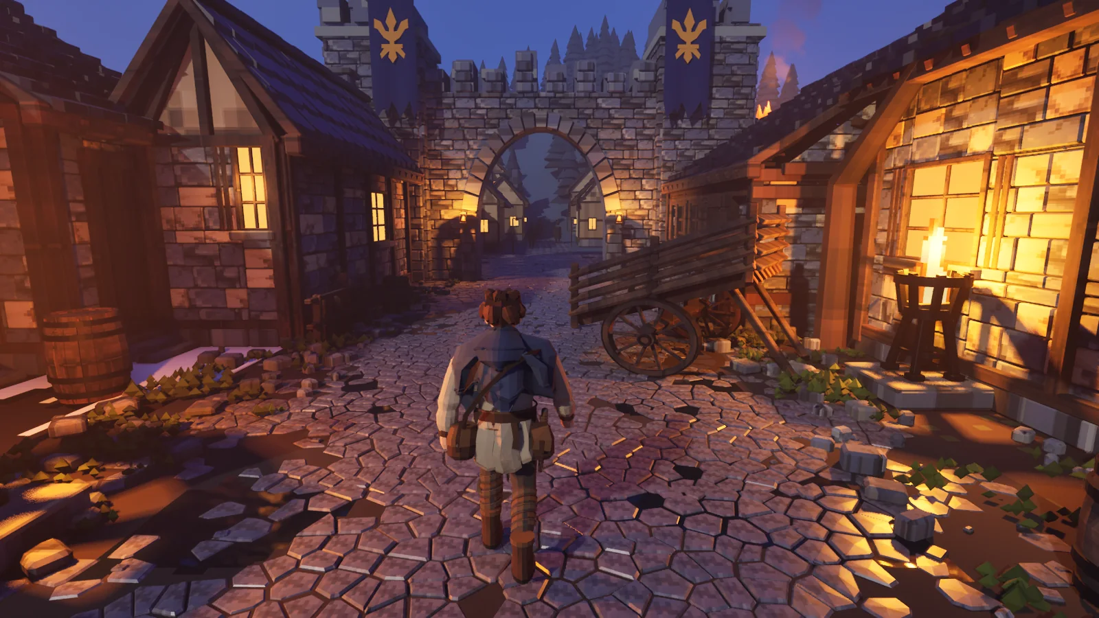Luc walks towards Oakhaven’s stone gate, between timber houses and warm braziers.