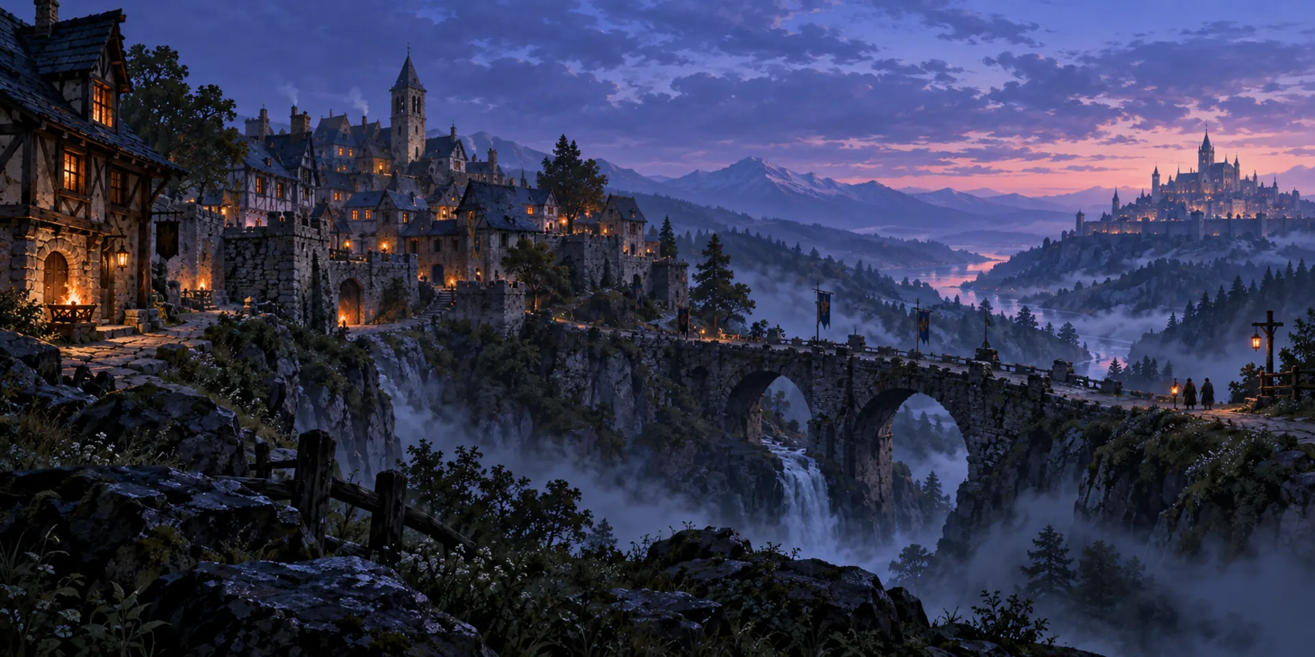 A faceted medieval realm at blue dusk: a stone village, a path across a misty gorge, and a distant royal city. Concept illustration.